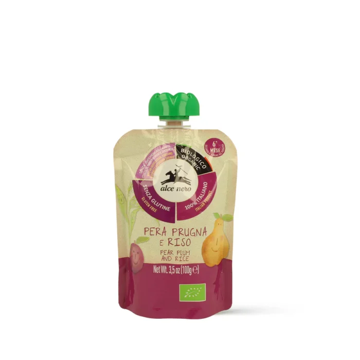 Confezione pouch da 100g di Alce Nero Purea Bio Pera Prugna e Riso