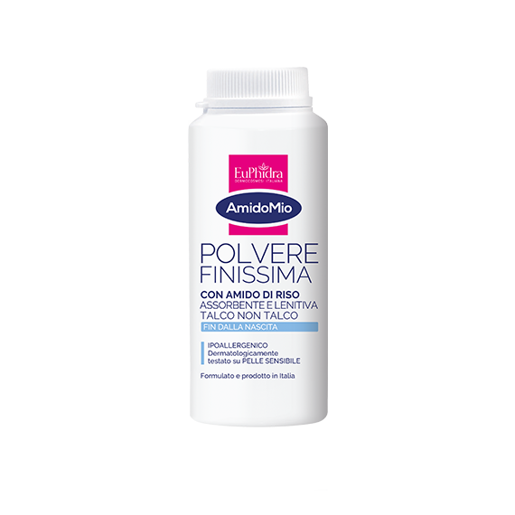 euphidra-amidomio-polvere-finissima-amido-riso-assorbente-100g Flacone spargipolvere da 100g di EuPhidra AmidoMio Polvere Finissima per neonati