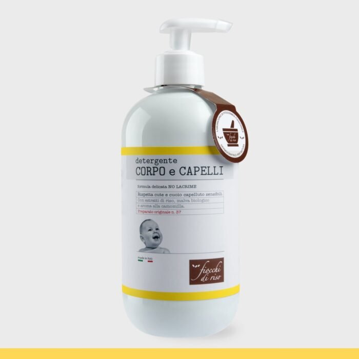 fiocchi-di-riso-detergente-corpo-capelli-camomilla-400ml Flacone da 400ml con dosatore di Fiocchi di Riso Detergente Corpo e Capelli all'estratto di Camomilla