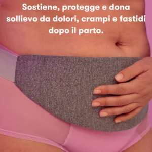 Fascia protettiva post cesareo Frida Mom indossata con impacchi gel caldo freddo