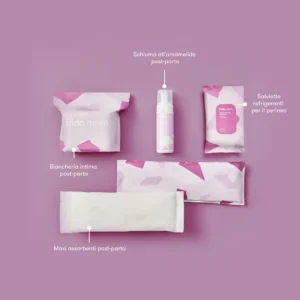 Kit essenziale Frida Mom per il recupero post parto con flacone peri intimo assorbenti e schiuma