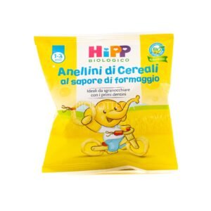 Confezione in sacchetto da 25g di anellini di cereali al formaggio biologici HiPP per bambini dal dodicesimo mese