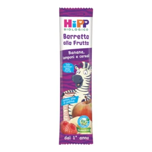 Confezione monodose da 20g di barretta biologica al lampone, banana e cereali HiPP per bambini dal dodicesimo mese