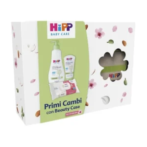 Confezione regalo in cartone del Cofanetto Primi Cambi HiPP contenente salviettine delicate e crema protettiva per il cambio