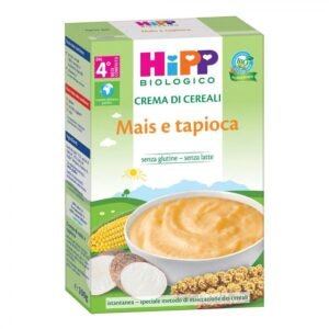 Confezione in astuccio da 200g di crema di mais e tapioca biologico HiPP crema di cereali istantanea senza glutine per lo svezzamento