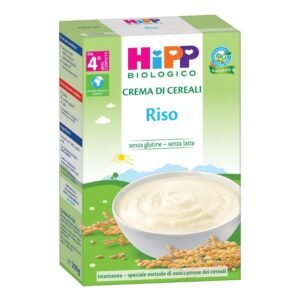 Confezione in astuccio da 200g di crema di riso biologico HiPP crema di cereali istantanea senza glutine per lo svezzamento