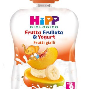 Confezione in bustina squeeze da 90g di frutta frullata biologica ai frutti gialli con yogurt HiPP per bambini dal sesto mese