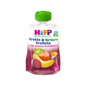 Confezione in bustina squeeze da 90g di frutta frullata biologica alla mela e banana con barbabietola HiPP per bambini dal sesto mese