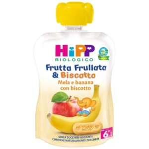 Confezione in bustina squeeze da 90g di frutta frullata biologica alla mela e banana con biscotto HiPP per bambini dal sesto mese
