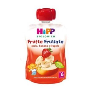 Confezione in bustina squeeze da 90g di frutta frullata biologica alla mela, banana e fragola HiPP per lo svezzamento