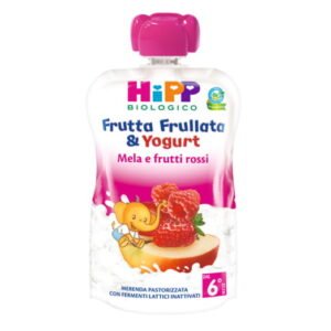 Confezione in bustina squeeze da 90g di frutta frullata biologica alla mela e frutti rossi con yogurt HiPP per bambini dal decimo mese
