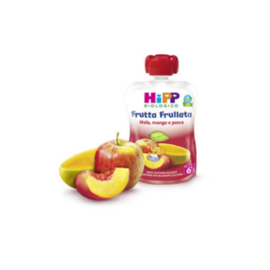 Confezione in bustina squeeze da 90g di frutta frullata biologica alla mela, mango e pesca HiPP per lo svezzamento