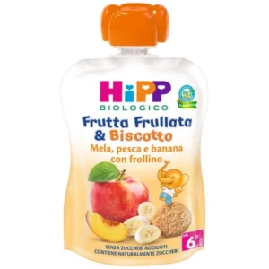 Confezione in bustina squeeze da 90g di frutta frullata biologica alla mela, pesca e banana con frollino HiPP per bambini dal sesto mese