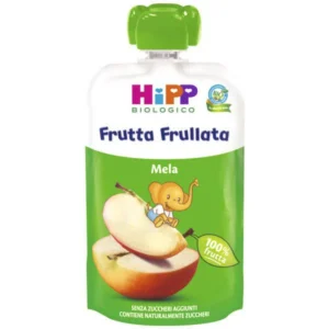 : Confezione in bustina squeeze da 90g di frutta frullata biologica alla mela HiPP per lo svezzamento