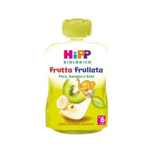 Confezione in bustina squeeze da 90g di frutta frullata biologica alla pera, banana e kiwi HiPP per lo svezzamento