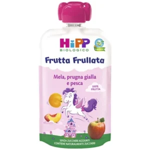 Confezione in bustina squeeze da 90g della linea speciale Unicorno di frutta frullata biologica alla mela, prugna gialla e pesca HiPP