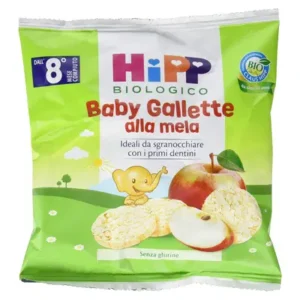 Confezione in sacchetto da 30g di mini gallette biologiche di riso alla mela HiPP per lo svezzamento dall'ottavo mese