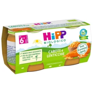 Confezione multipack da 2 vasetti di HiPP omogeneizzato biologico di carote e lenticchie per lo svezzamento