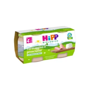 Confezione multipack da 2 vasetti di HiPP omogeneizzato biologico di formaggino e prosciutto per lo svezzamento