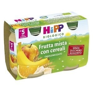 Confezione multipack da 2 vasetti di HiPP omogeneizzato biologico alla frutta mista con cereali per bambini dal sesto mese