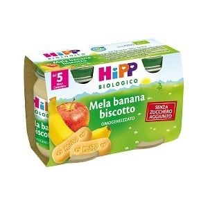 Confezione multipack da 2 vasetti di HiPP omogeneizzato biologico al gusto mela banana e biscotto per bambini dal sesto mese