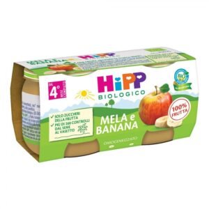Confezione multipack da 2 vasetti di HiPP omogeneizzato biologico al gusto mela e banana per lo svezzamento