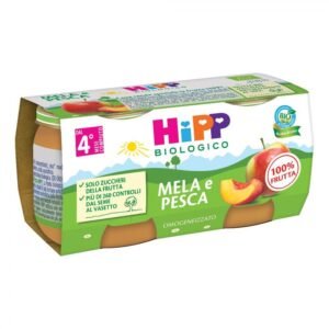 Confezione multipack da 2 vasetti di HiPP omogeneizzato biologico al gusto mela e pesca per lo svezzamento