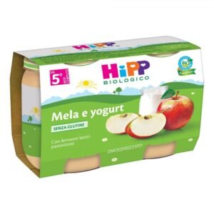 Confezione multipack da 2 vasetti di HiPP omogeneizzato biologico al gusto mela e yogurt per bambini dal sesto mese