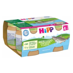 Confezione multipack da 4 vasetti di HiPP omogeneizzato biologico di merluzzo con patate e carote per lo svezzamento
