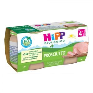Confezione da 2 vasetti da 80g di omogeneizzato biologico di prosciutto cotto HiPP per lo svezzamento dal sesto mese