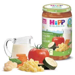 Vasetto in vetro da 250g di pappa biologica piatto pronto formato Ditalini alle Verdure HiPP per bambini dal dodicesimo mese