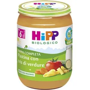 Vasetto in vetro da 190g di HiPP pappa completa biologica pastina con tris di verdure per bambini dal sesto mese