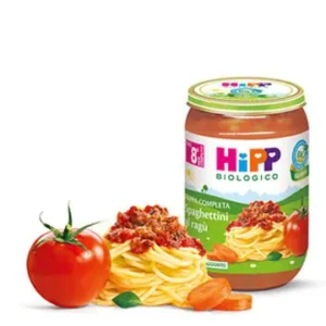 Vasetto in vetro da 220g di HiPP pappa completa biologica spaghettini al ragù per bambini dall'ottavo mese