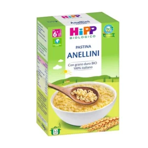Confezione in astuccio da 320g di pastina biologica formato Anellini HiPP per lo svezzamento dal sesto mese