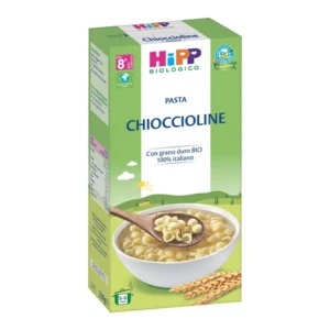 Confezione in astuccio da 320g di pastina biologica formato Chioccioline HiPP per lo svezzamento dal sesto mese