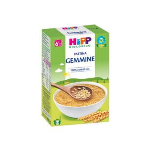 Confezione in astuccio da 320g di pastina biologica formato Gemmine HiPP per lo svezzamento dal sesto mese