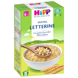 Confezione in astuccio da 320g di pastina biologica formato Letterine HiPP per lo svezzamento dal sesto mese