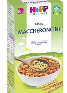 Confezione in astuccio da 320g di pastina biologica formato Maccheroncini HiPP per lo svezzamento dall'ottavo mese