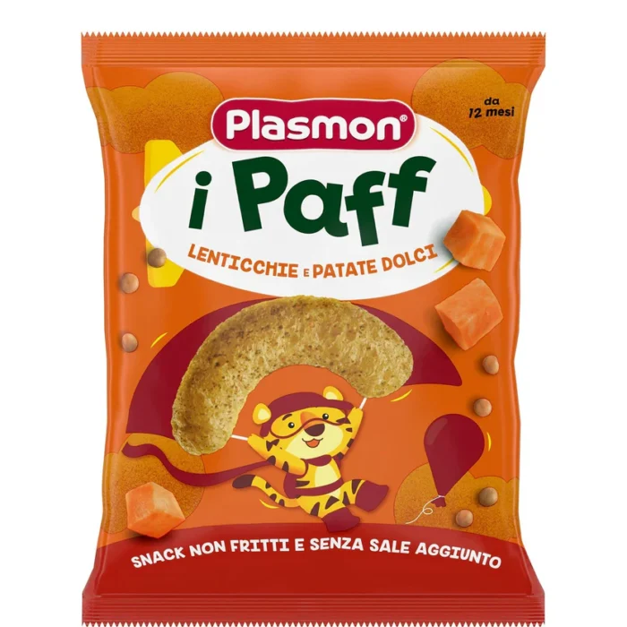Sacchetto di snack per bambini Plasmon Paff al gusto lenticchie e patate dolci da 15g
