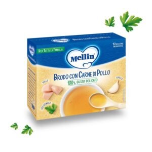 Confezione da 10 bustine di brodo di pollo liofilizzato Mellin per le pappe dei neonati