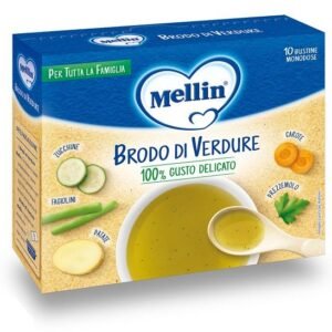 Confezione da 80g di brodo di verdure liofilizzato Mellin in bustine per le pappe dei neonati