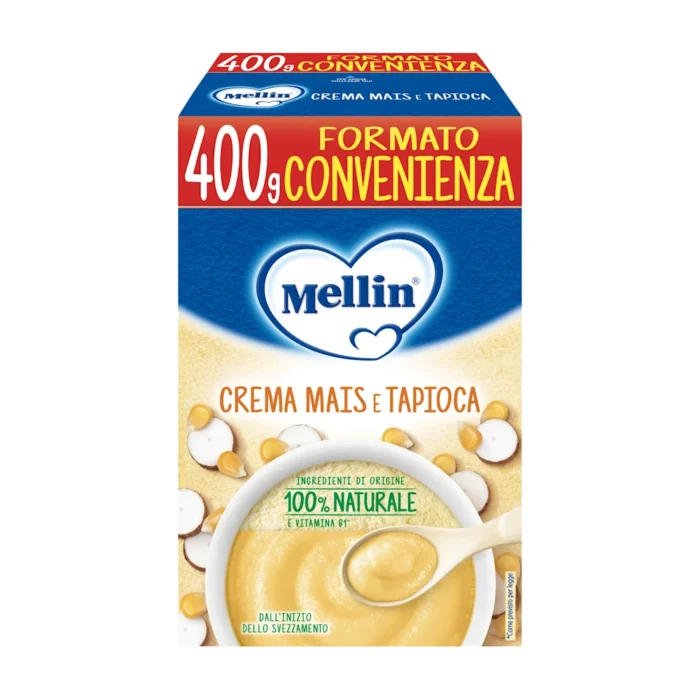 Confezione da 400g di crema mais e tapioca Mellin per lo svezzamento dei neonati