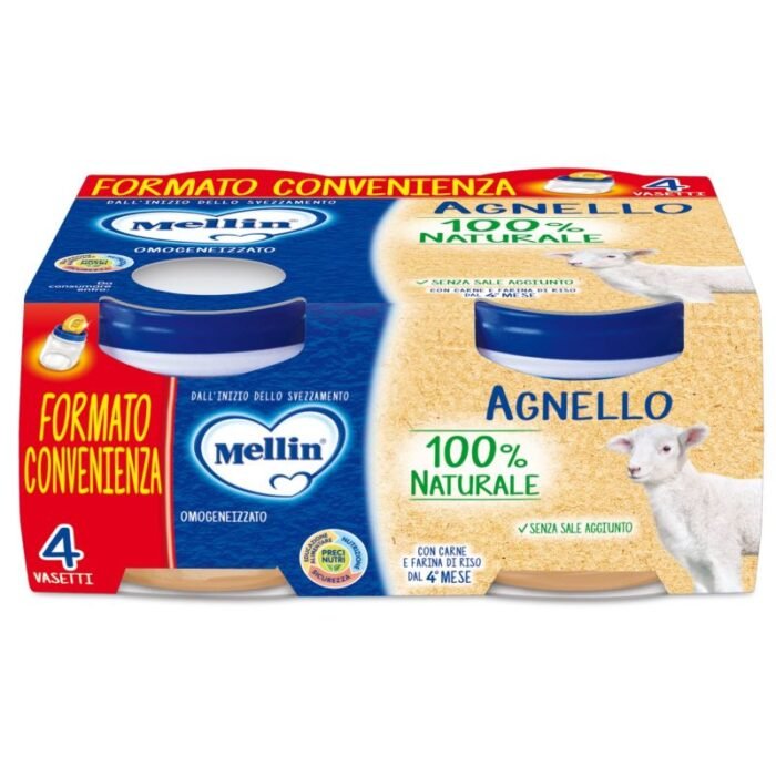 Confezione da 4 vasetti di omogeneizzato di agnello Mellin per svezzamento