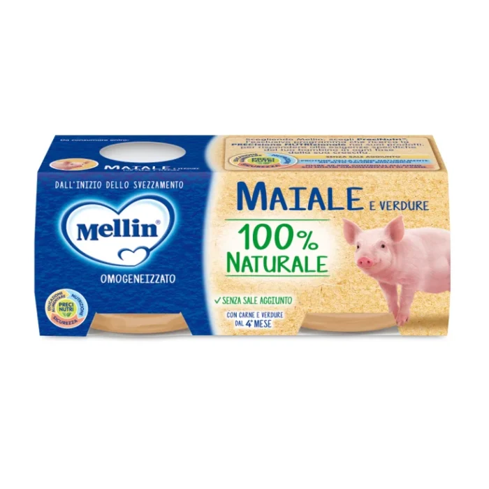 Confezione da 2 vasetti di omogeneizzato di maiale e verdure Mellin per neonati