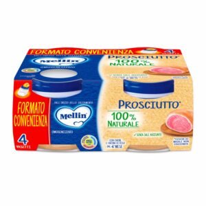 Confezione da 4 vasetti di omogeneizzato di prosciutto cotto Mellin per lo svezzamento dei neonati