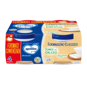 Confezione da 4 vasetti di omogeneizzato di formaggino classico Mellin per lo svezzamento