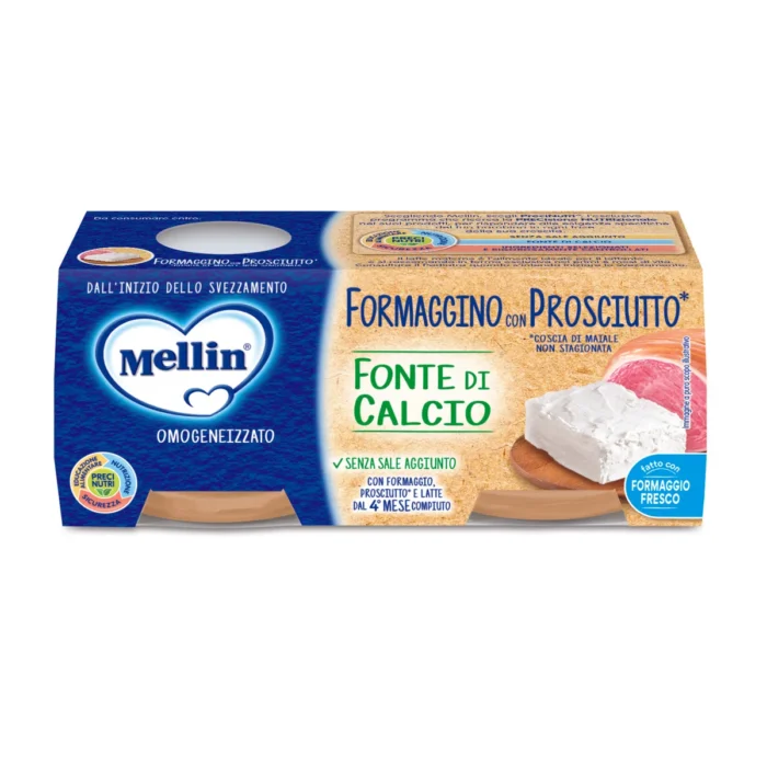 Confezione da 2 vasetti di omogeneizzato di formaggino e prosciutto Mellin per svezzamento