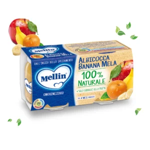 Confezione da 2 vasetti di omogeneizzato di albicocca, banana e mela Mellin per neonati