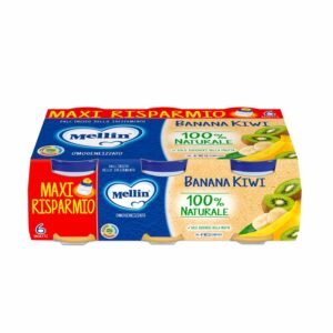 Confezione formato scorta da 6 vasetti di omogeneizzato di banana e kiwi Mellin per svezzamento