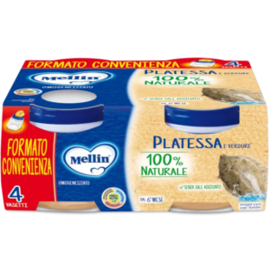 Confezione da 4 vasetti di omogeneizzato di platessa con verdure Mellin per neonati